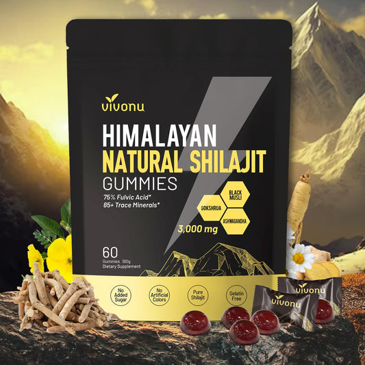 VivoNu Shilajit Gummies bottle highlights premium Himalayan minerals.