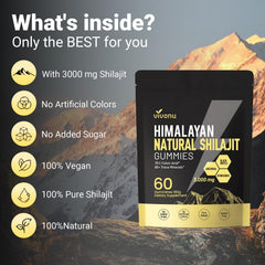 VivoNu Shilajit Gummies closeup shows gold resin gummies and natural flavor.