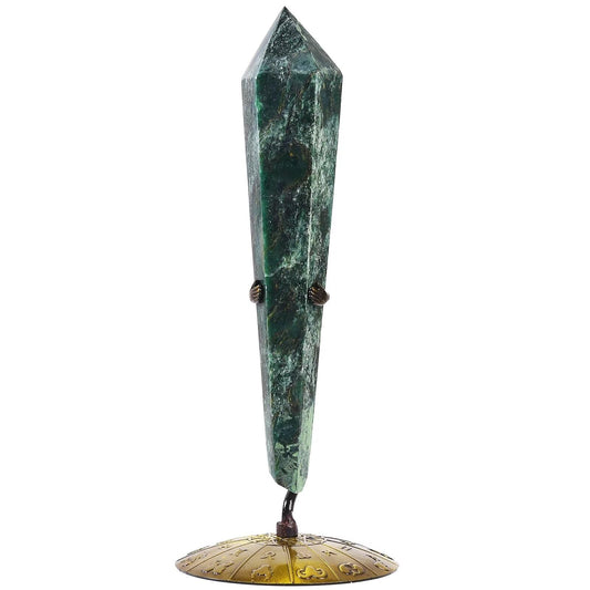 VIZYTOU Emerald Wand Point on display stand for meditation and peaceful energy.
