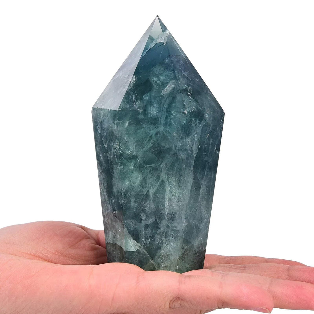 Vizytou green fluorite tower front view highlights color bands for mindful meditation.