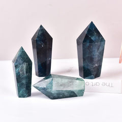 Vizytou green fluorite tower top-profile demonstrates six faceted surfaces enhancing visual appeal.