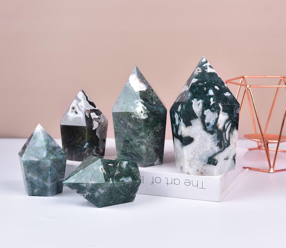 VIZYTOU moss agate obelisk among crystals enhances decor