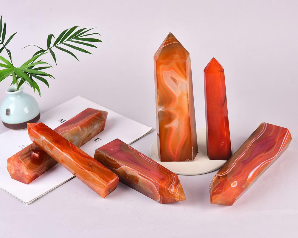 VIZYTOU Red Agate Tower crystal detail highlights natural banding.