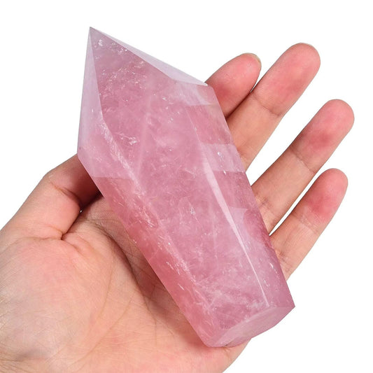 VIZYTOU Rose Quartz Obelisk Wand shows pink hues for meditation and calm spaces.