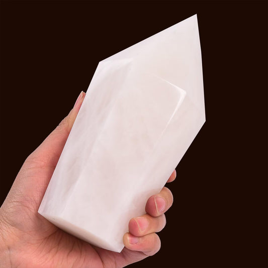 VIZYTOU white crystal tower obelisk closeup for mindful decor and ambient energy