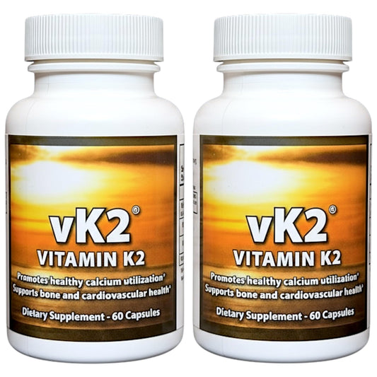 vk2 bottle front label showing dual-form K2 for bone and heart support