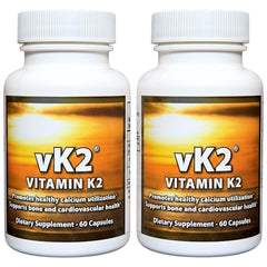 vk2 bottle front label showing dual-form K2 for bone and heart support
