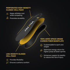 Athlete wearing VKTRY Gold insoles shows explosive sprinting efficiency.