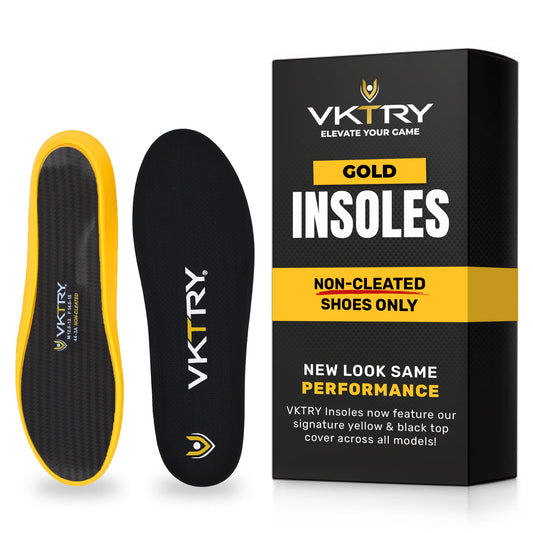 VKTRY Gold non-cleated insoles front view showing energy-return carbon fiber plate
