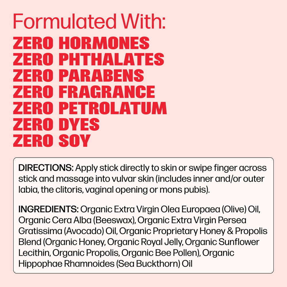 VMAGIC Lips Stick hormone-free badge indicating safe vulvar care, non-GMO and cruelty-free.