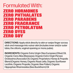 VMAGIC Lips Stick hormone-free badge indicating safe vulvar care, non-GMO and cruelty-free.