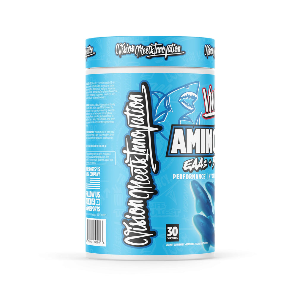 Aminogex Ultra tub on gym shelf signals hydration and amino support.