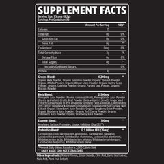 Close-up of Greens + Reds label highlighting daily immunity and gut health support.