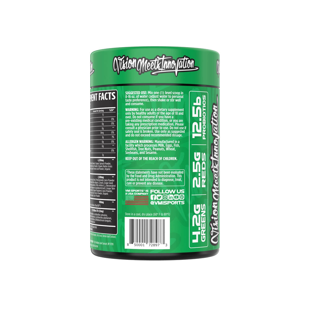 Shaker cup filled with VMI Sports Greens + Reds for on-the-go nutrition.