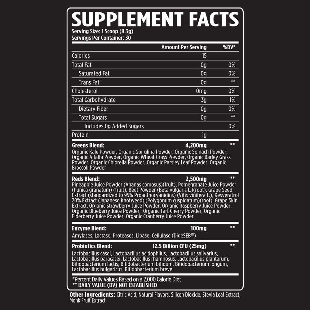 VMI Sports Greens + Reds tub with scoop, convenient daily greens and reds mix.