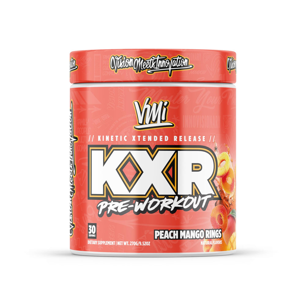 VMI Sports KXR pre-workout bottle boosts energy for workouts.
