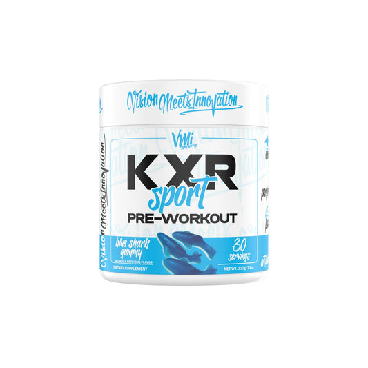 VMI Sports KXR Sport Blue Shark Gummy tub ready for pre-workout energy and focus.