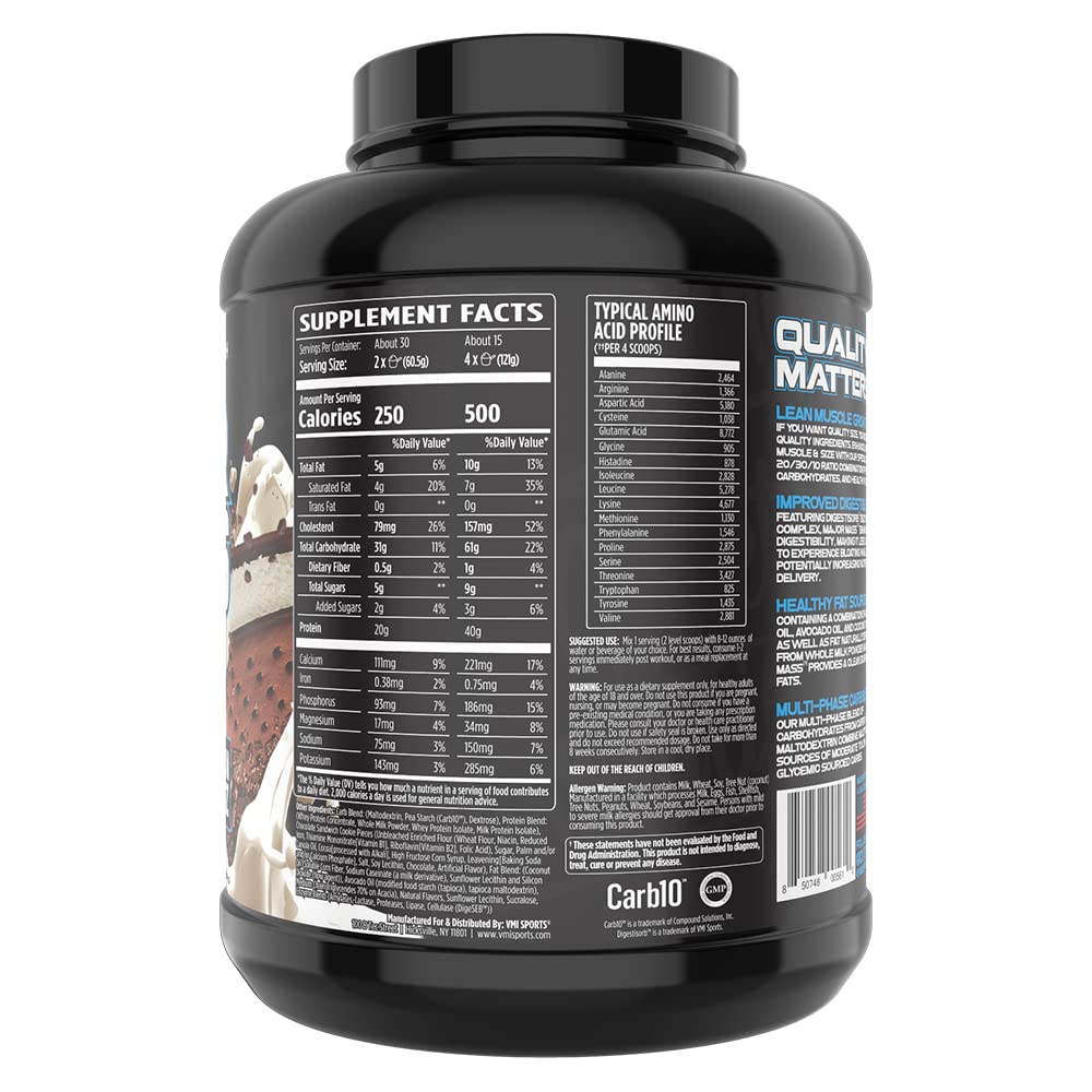 VMI Sports Major Mass shake cup highlights a macro-friendly formula for easy meal replacement