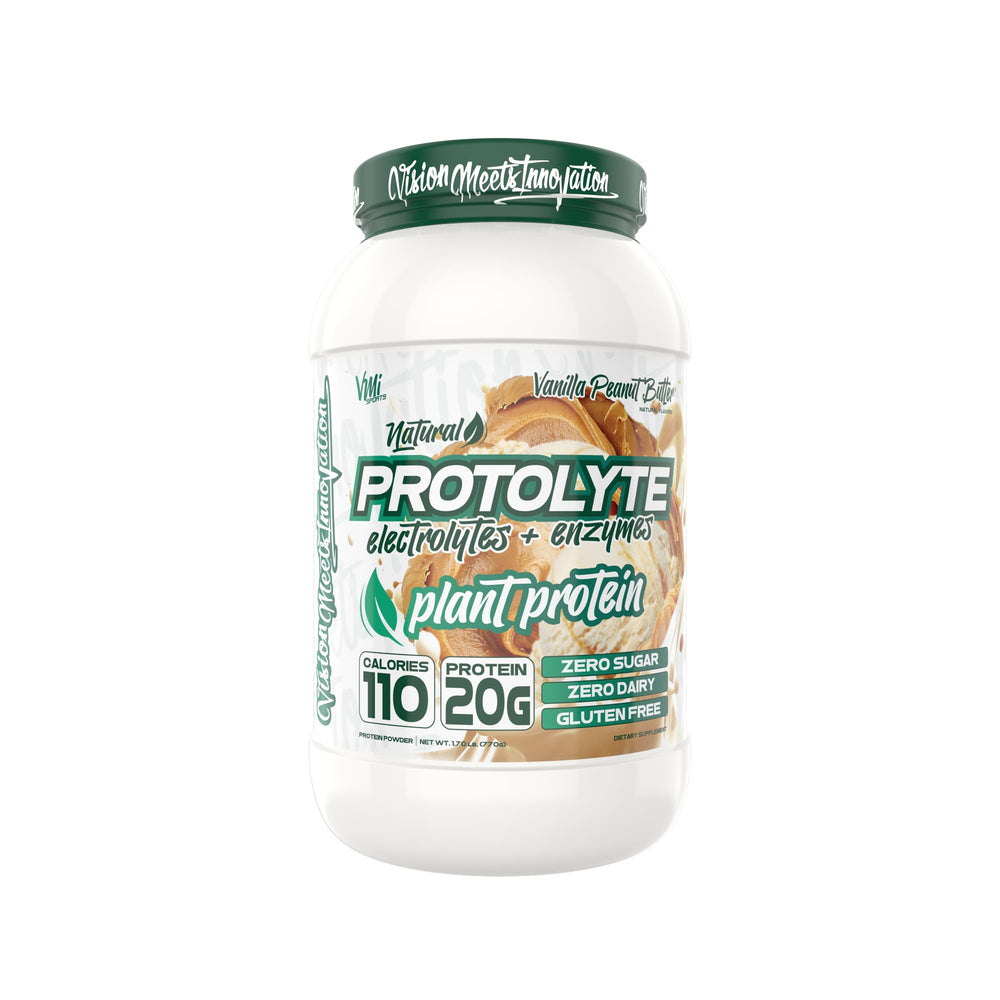 VMI Sports Protolyte Vanilla Peanut Butter bottle showing hydration-friendly electrolytes.