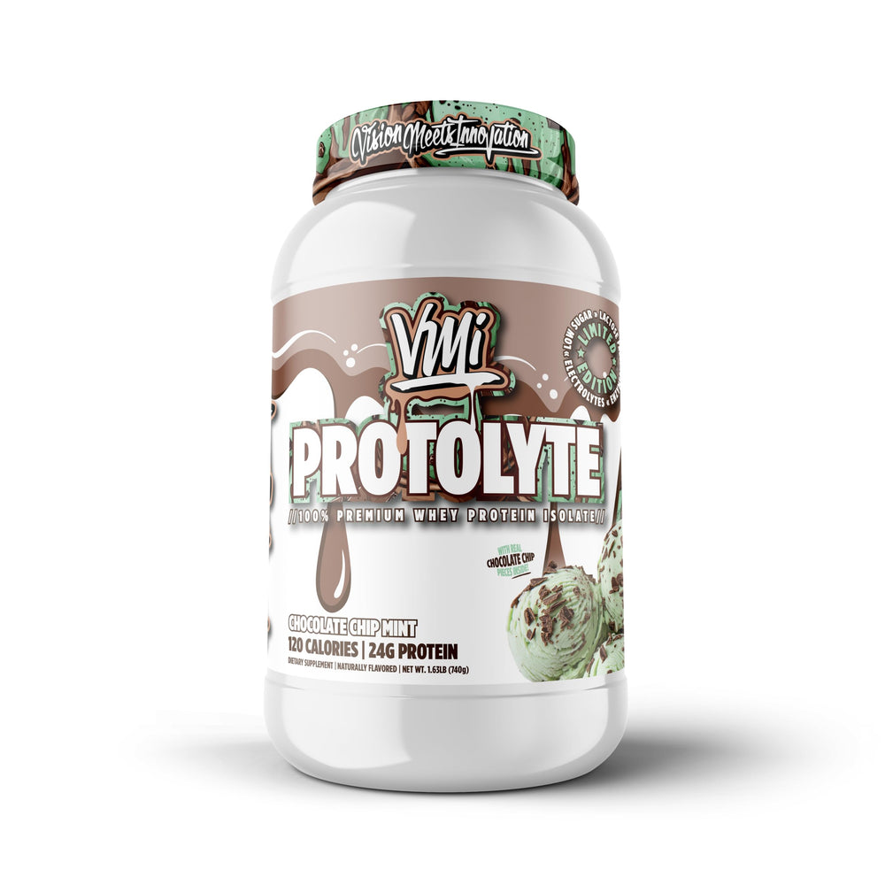 VMI Sports Protolyte whey protein powder with scoop supports lean muscle.