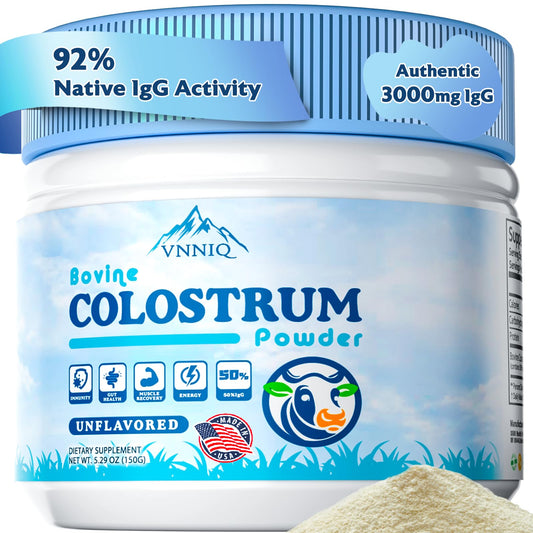VNNIQ bovine colostrum powder jar close-up showing purity and premium quality