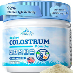 VNNIQ bovine colostrum powder jar close-up showing purity and premium quality