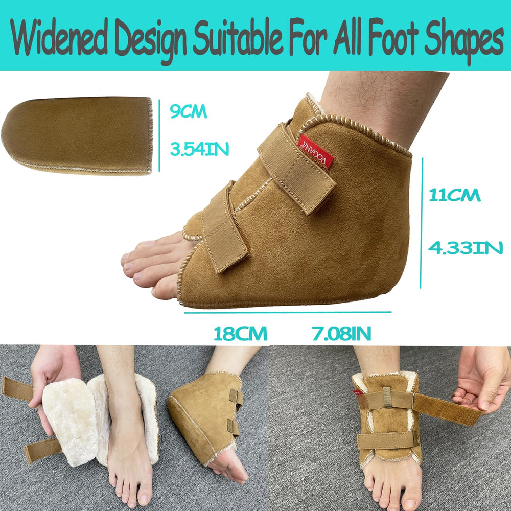 Vogona Fuzzy Heel Protector illustrates adjustable strap for a custom fit around swollen ankles