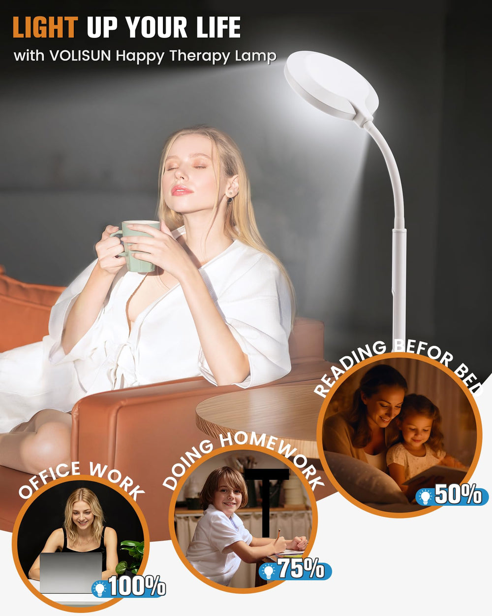 VOLISUN dimmable brightness with five levels for customizable ambiance.