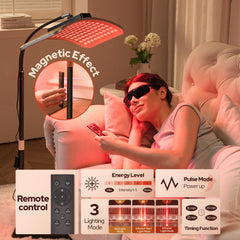 VOLISUN red light therapy lamp mounted on stable stand enabling hands-free operation.