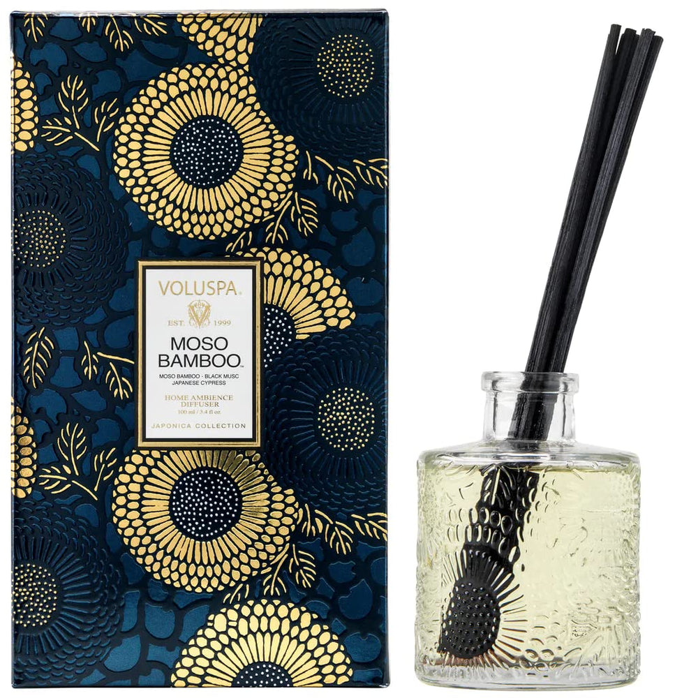 Voluspa Moso Bamboo diffuser bottle with embossed glass for long-lasting aroma.