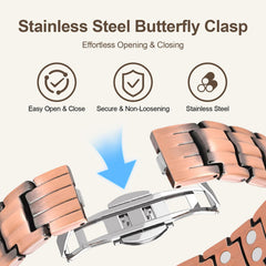 Voryx copper bracelet close-up shows 46 magnets and 2500 Gauss matrix for broad wrist contact