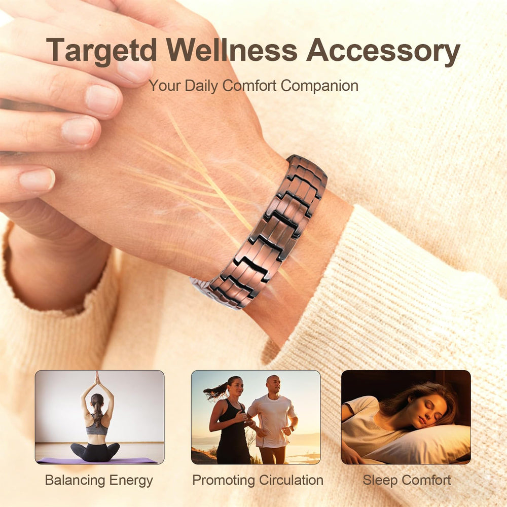 Model wearing Voryx copper bracelet to illustrate adjustable wrist fit