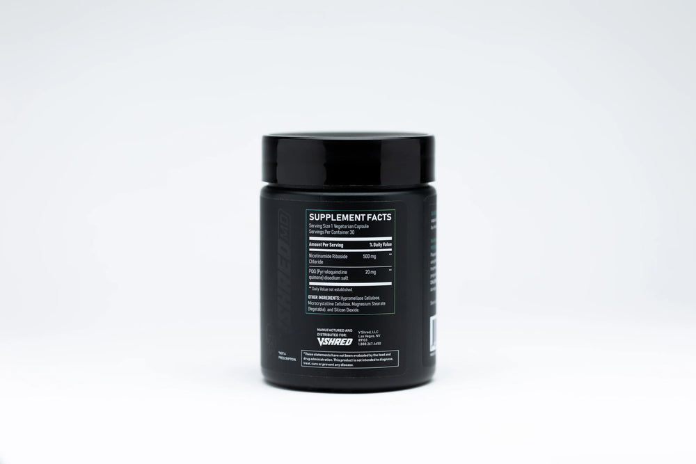 VShred MD NR Boost label on bottle, illustrating science-backed NAD+ support.