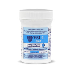 VSL4 Gut Daily Probiotics bottle back label highlights dairy-free vegan formula