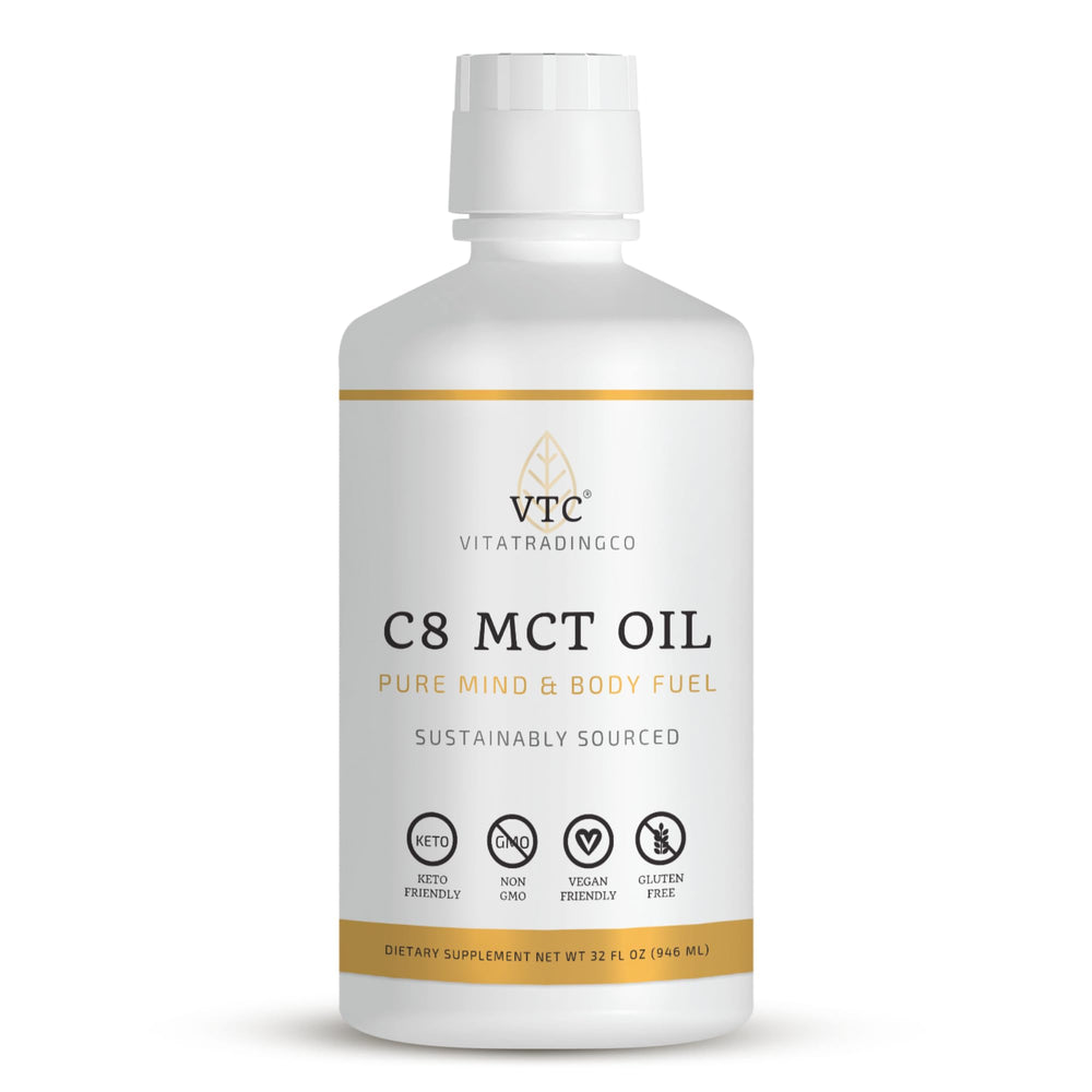 VTC VitaTradingCo 100% Pure C8 MCT Oil bottle boosts clean energy.