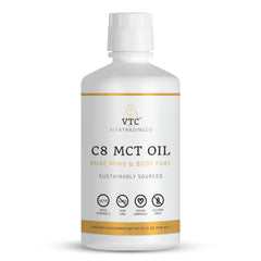 VTC VitaTradingCo 100% Pure C8 MCT Oil bottle boosts clean energy.