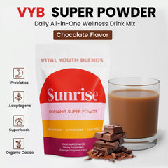 Close-up of VYB All-in-One Chocolate Powder showcasing rich, silky texture.