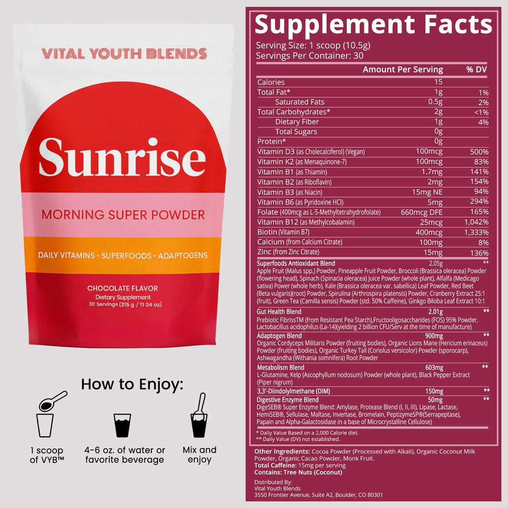 VYB All-in-One Chocolate Powder mixed into milk for creamy, gut-friendly nutrition.