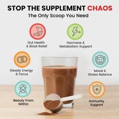 Scoop of VYB All-in-One Chocolate Powder for daily nourishment.