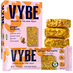Vybe Savory Turmeric Ginger Bars box, grab-and-go protein snack.