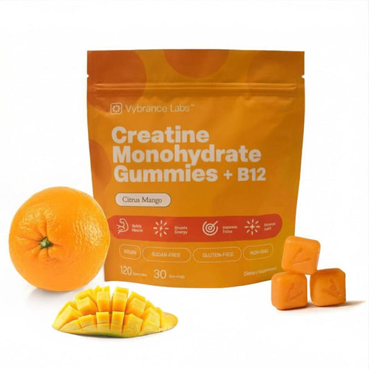 VYBRANCE LABS Creapure Gummies bottle front showing citrus mango flavor and packaging
