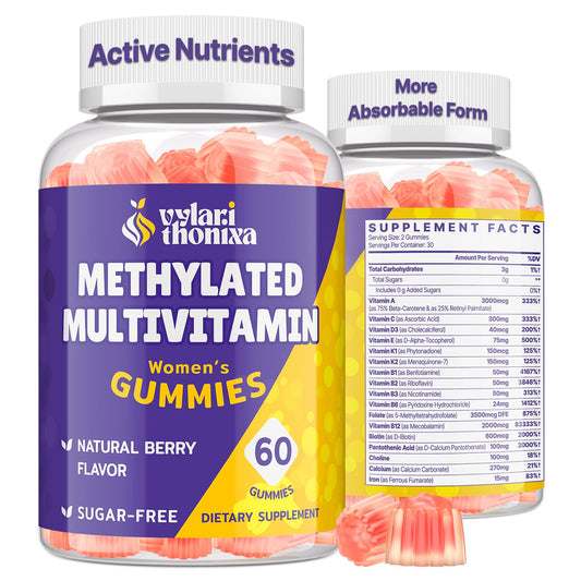Vylarithonixa methylated multivitamin gummies bottle supports daily energy and wellness.