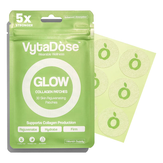 Vytadose Collagen Glow Patches close-up on skin showing a natural glow.