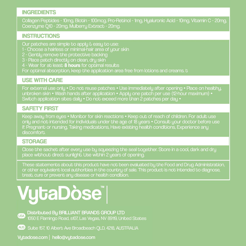 Vytadose Patches ingredients chart overview.