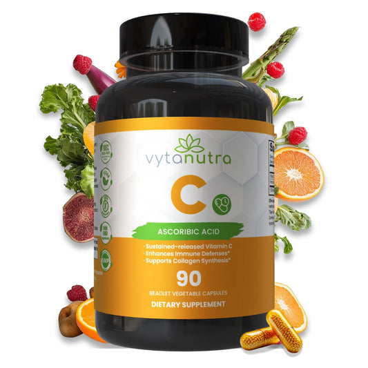 Vytanutra Immune Support Vitamin C bottle on a countertop for daily wellness planning