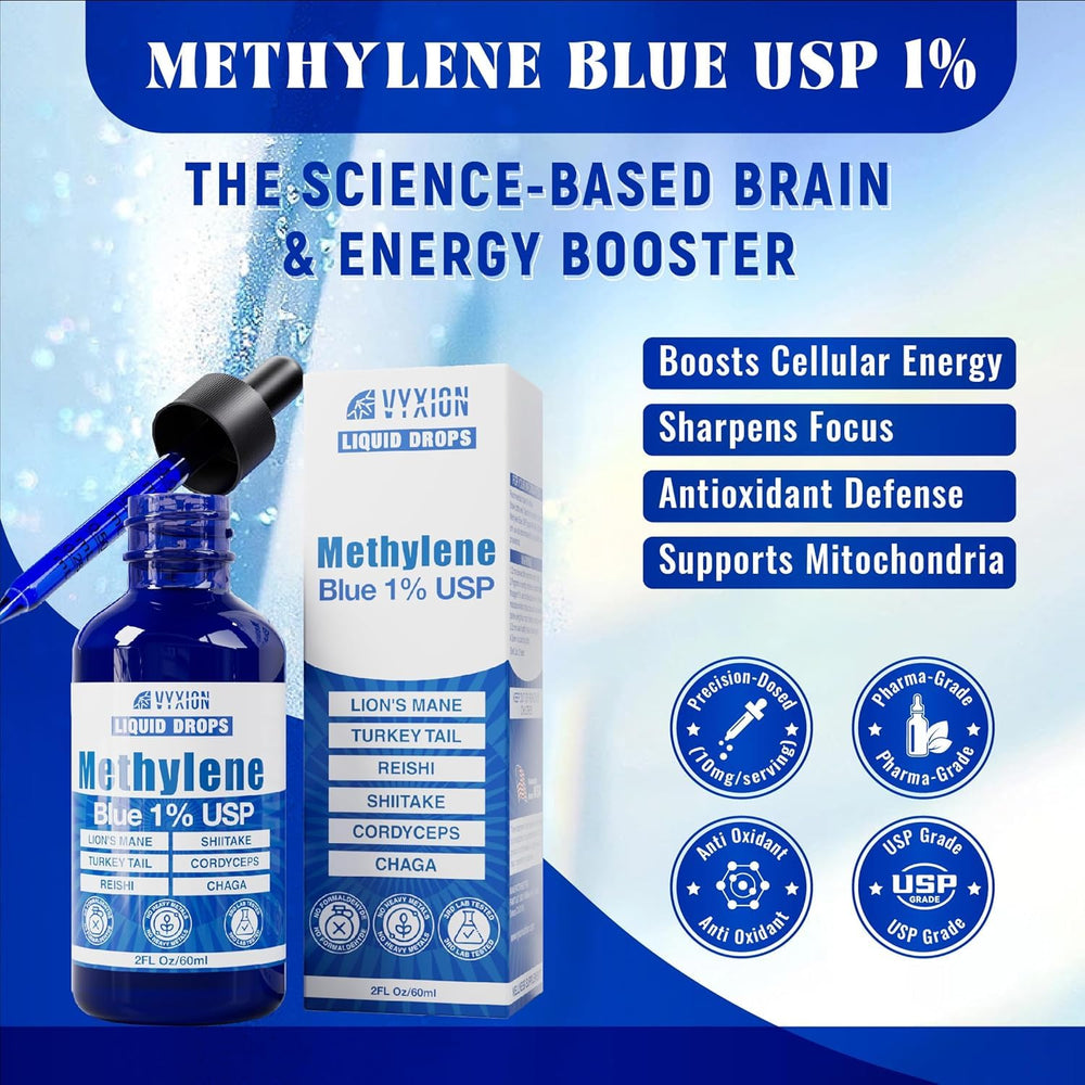 Vyxion Methylene Blue Drops label showing six organic mushrooms for neuro-support.