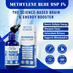 Vyxion Methylene Blue Drops label showing six organic mushrooms for neuro-support.