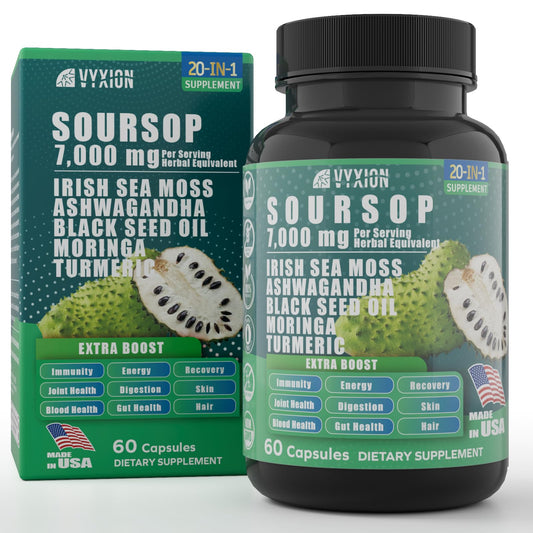 Vyxion Soursop 20-in-1 capsules bottle showing a potent herbal blend for daily wellness