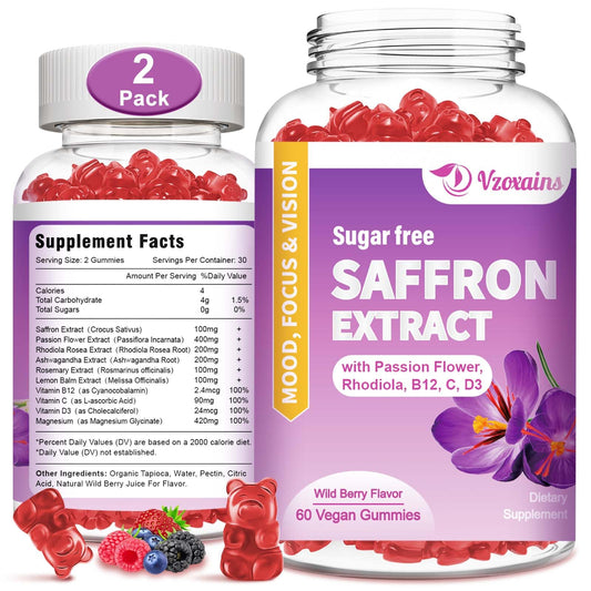 VZOXAINS saffron gummies bottle front for daily wellness boost.