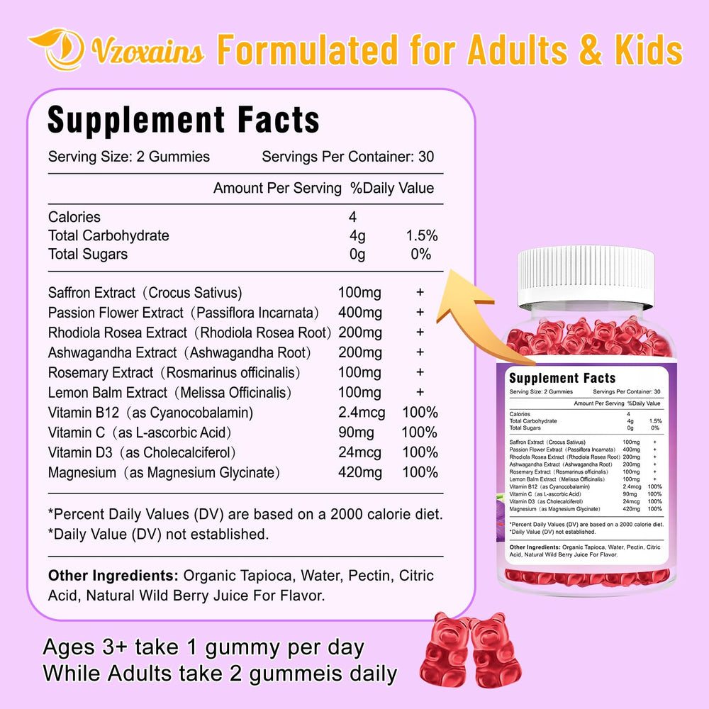 VZOXAINS saffron gummies ingredients panel highlights 10-in-1 formula benefits.